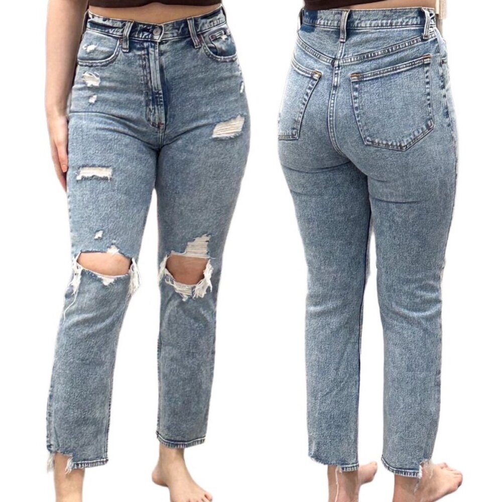 Abercrombie & Fitch Ultra High Rise Ankle Straight Jeans Distressed Acid Wash